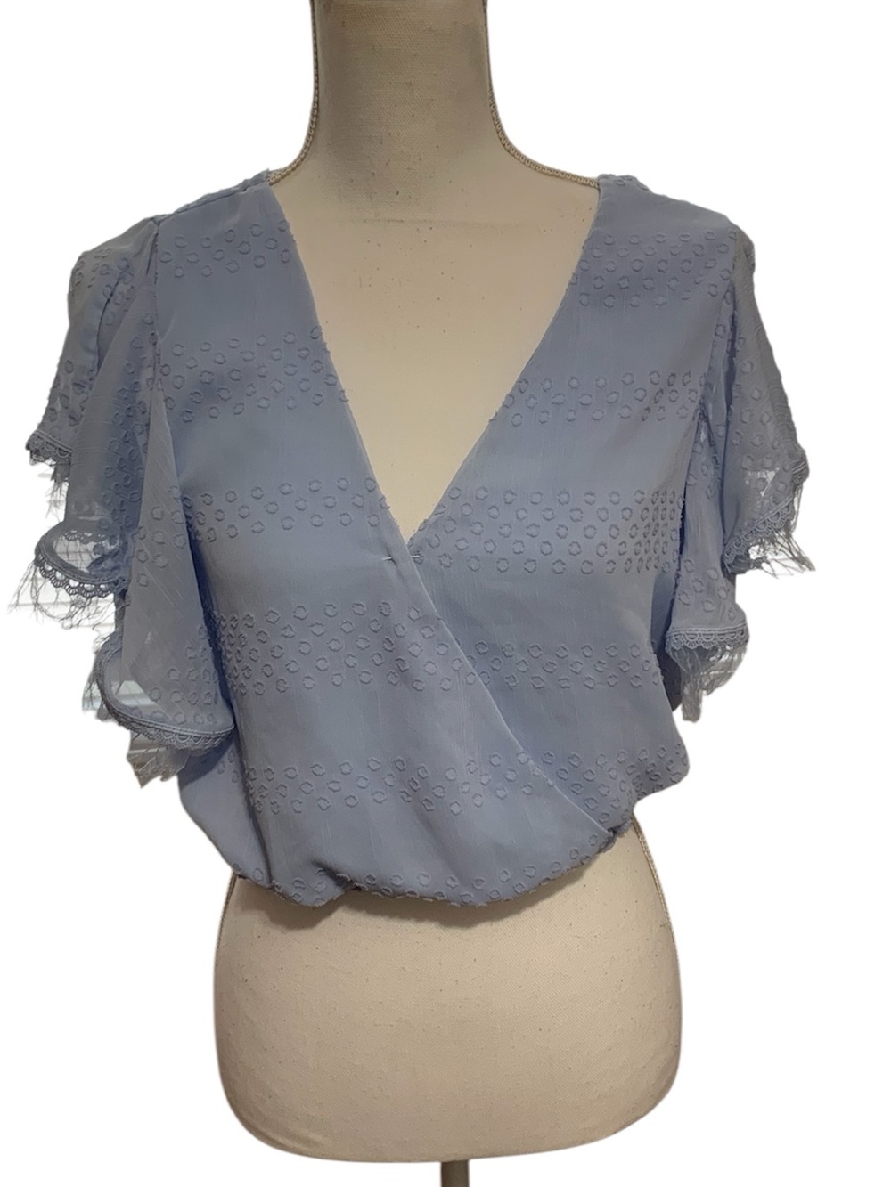 Light Blue Lace-Trim Surplice Blouse